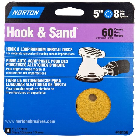 Norton Abrasives Hook & Sand 5 in. Aluminum Oxide Hook and Loop A290 Sandpaper Vacuum Disc 60 Grit Coarse 4 PK 07660749158